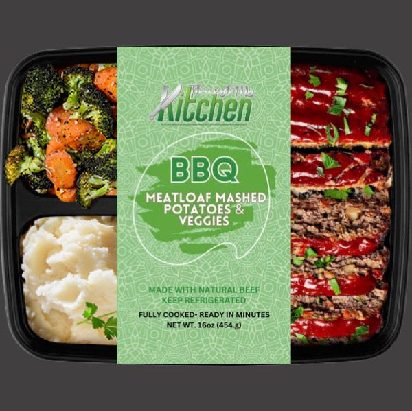 BBQ Meatloaf, Mashed Potatoes & Veggies made fresh daily made with natural beef, does contain eggs and wheat