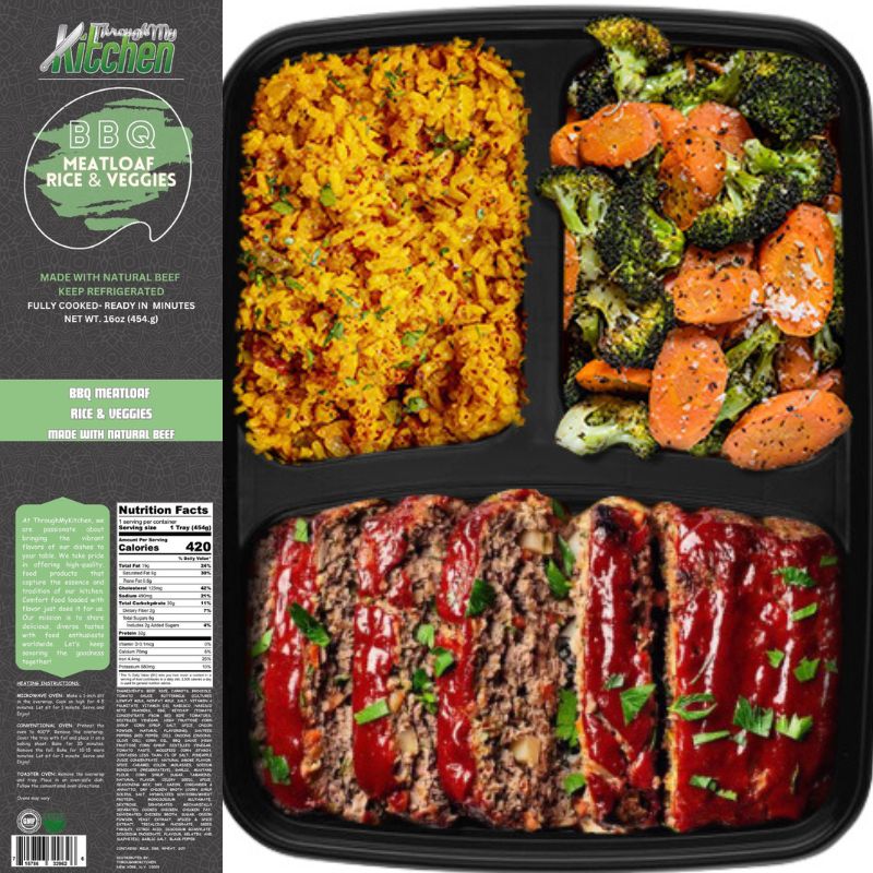 BBQ Meatloaf, Yellow Rice & Veggies made fresh daily made with natural beef, does contain eggs and wheat.