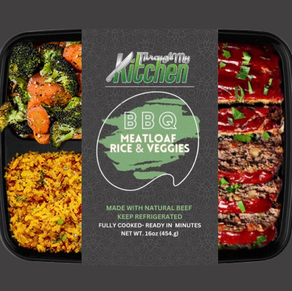 BBQ Meatloaf, Yellow Rice & Veggies made fresh daily made with natural beef, does contain eggs and wheat.