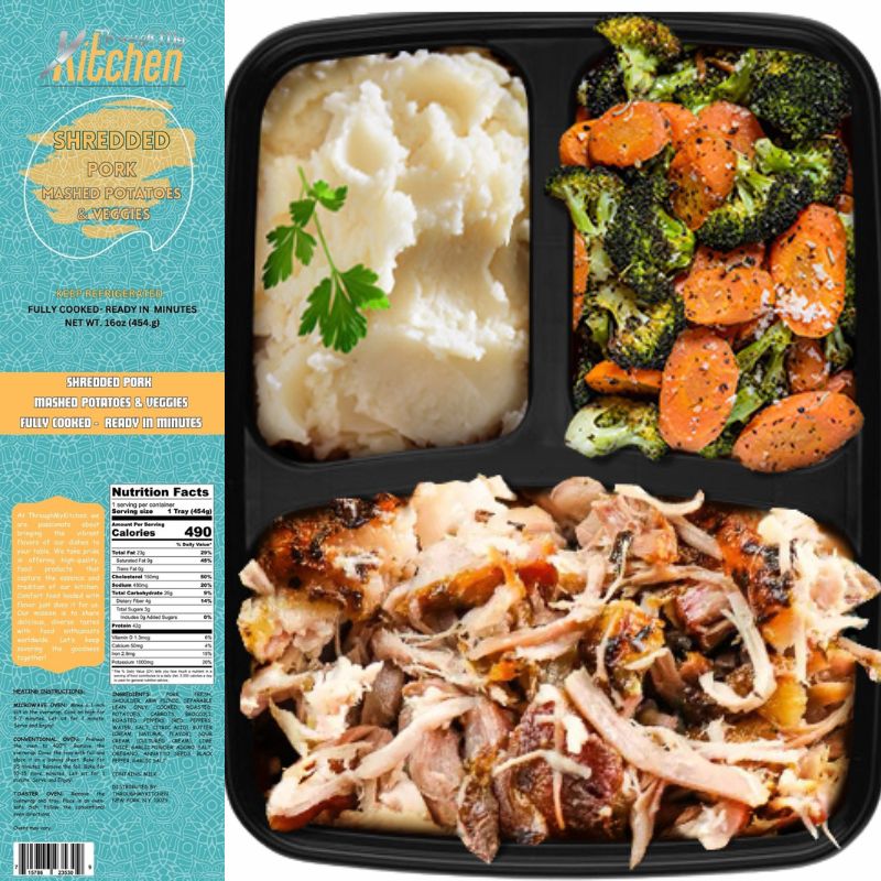 Shredded Pork, mashed potatoes, with veggies. Fully cooked. Ready in minutes